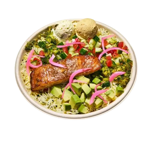 pomegranate glazed salmon bowl