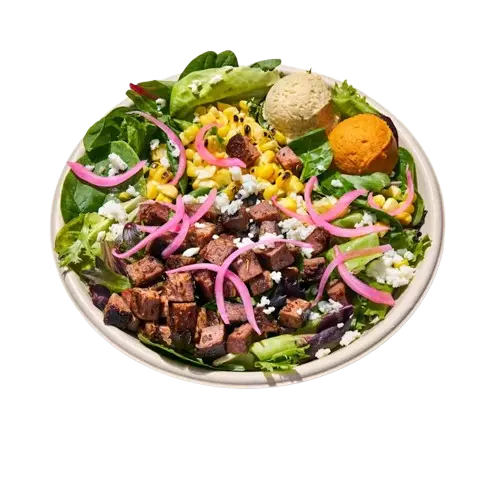 steak and strawberry tahini bowl